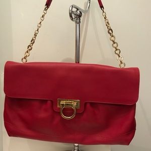 New Ferragamo red leather chain strap shoulder bag